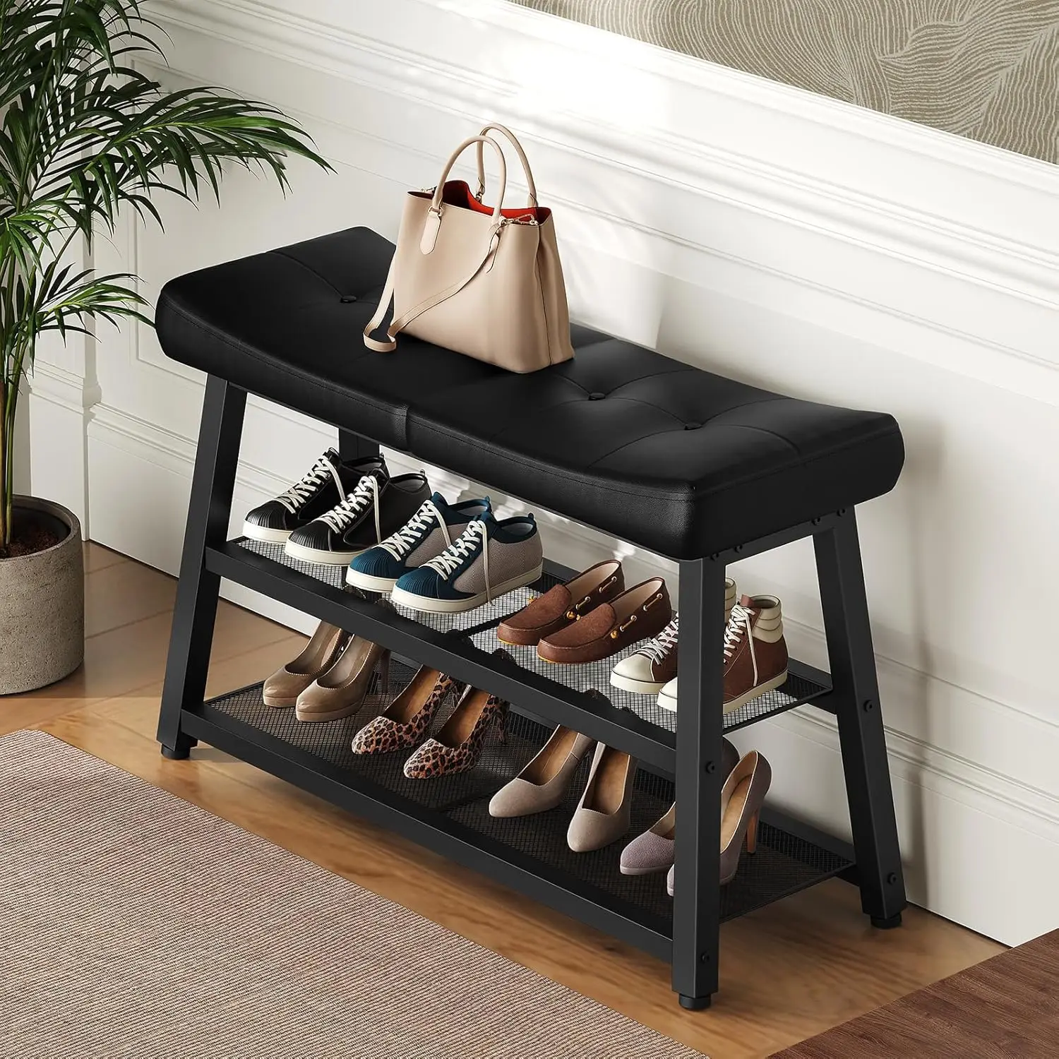 3-Tier Shoe Bench with Cushion Seat for Entryway Hallway Bedroom, Storage Rack for Shoes and Boots, Black view 2
