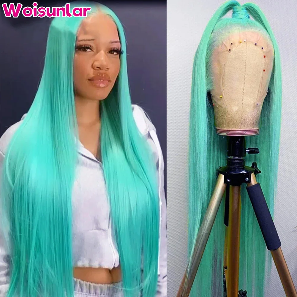 

Mint Green Colored Human Hair Wigs Body Wave 13x4 transparent Lace Frontal Wig 32 36 Inch Straight deep Lace Wigs for Women hair