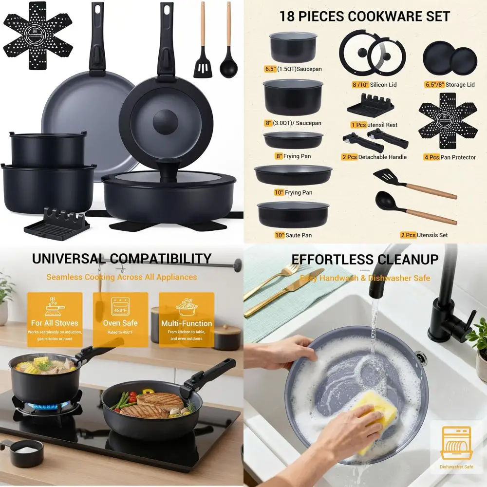 

Non-Stick Induction Ceramic Cookware Set, 18-Piece with Detachable Handles, Safe for RV, Camping, Dishwasher & Oven, Black