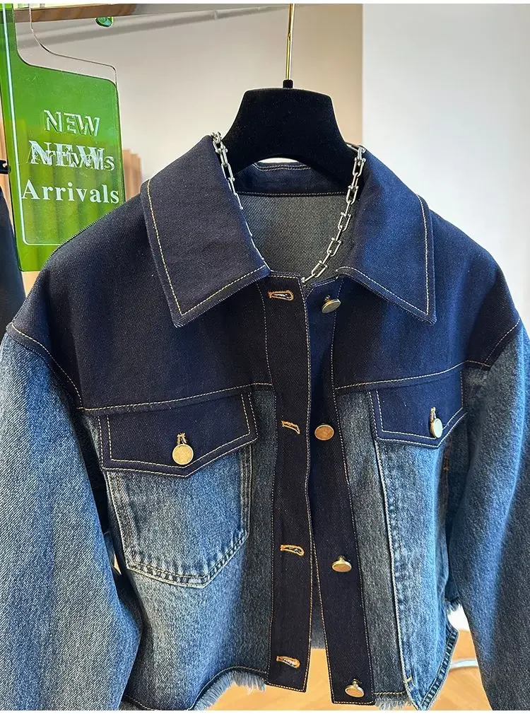 Vintage Blue Patchwork Crop Denim Jacket Women Korean Style Turn-down Collar Single-breasted Short Jeans Jackets Autumn Overcoat