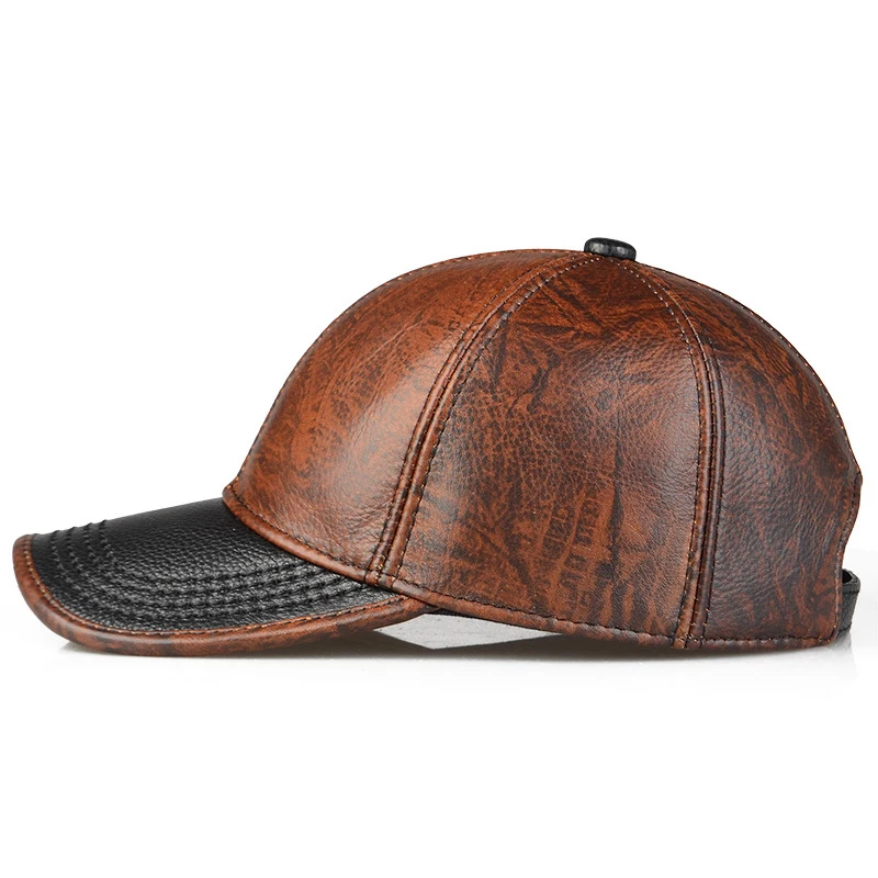 

Men's Top-Grain Leather Cap Outdoor Snapback Textured Brown Two-Tone Leather Hat Adjustable Head Circumference
