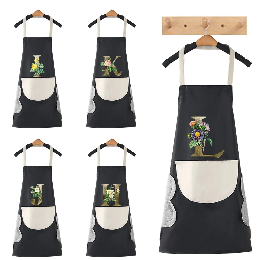 

Waterproof Kitchen Apron Women with Pockets Work Mandil Cleaning Pinafore Restaurant Waiter Work Uniform Golden Flower Pattern