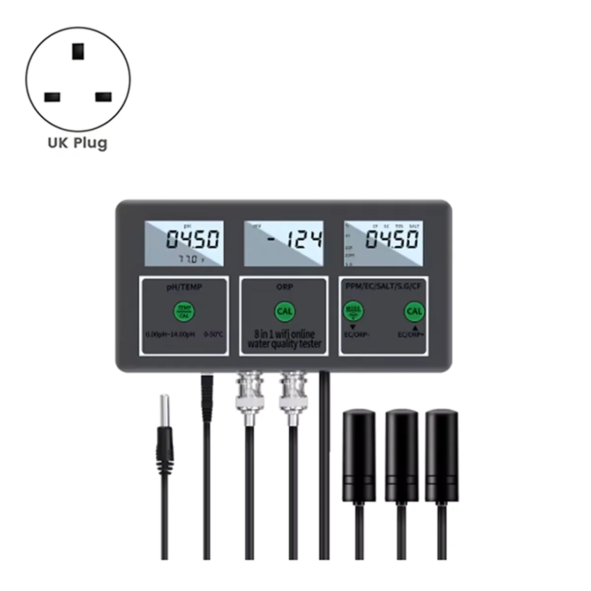 

Розничная торговля! Тестер качества воды 8-в-1pH/ORP/EC/TDS/SALT/S.G/CF/ Temp WiFi Connectivity App Control для бассейнов и аквариумов, британская вилка