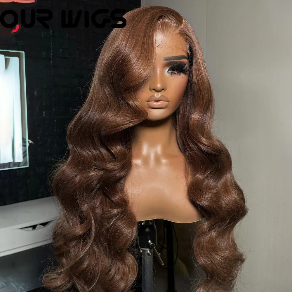 Onda do corpo castanho chocolate Lace Front perucas para mulheres, peruca sintética sem cola, cabelo de fibra resistente ao calor, densidade 180%, 13x4