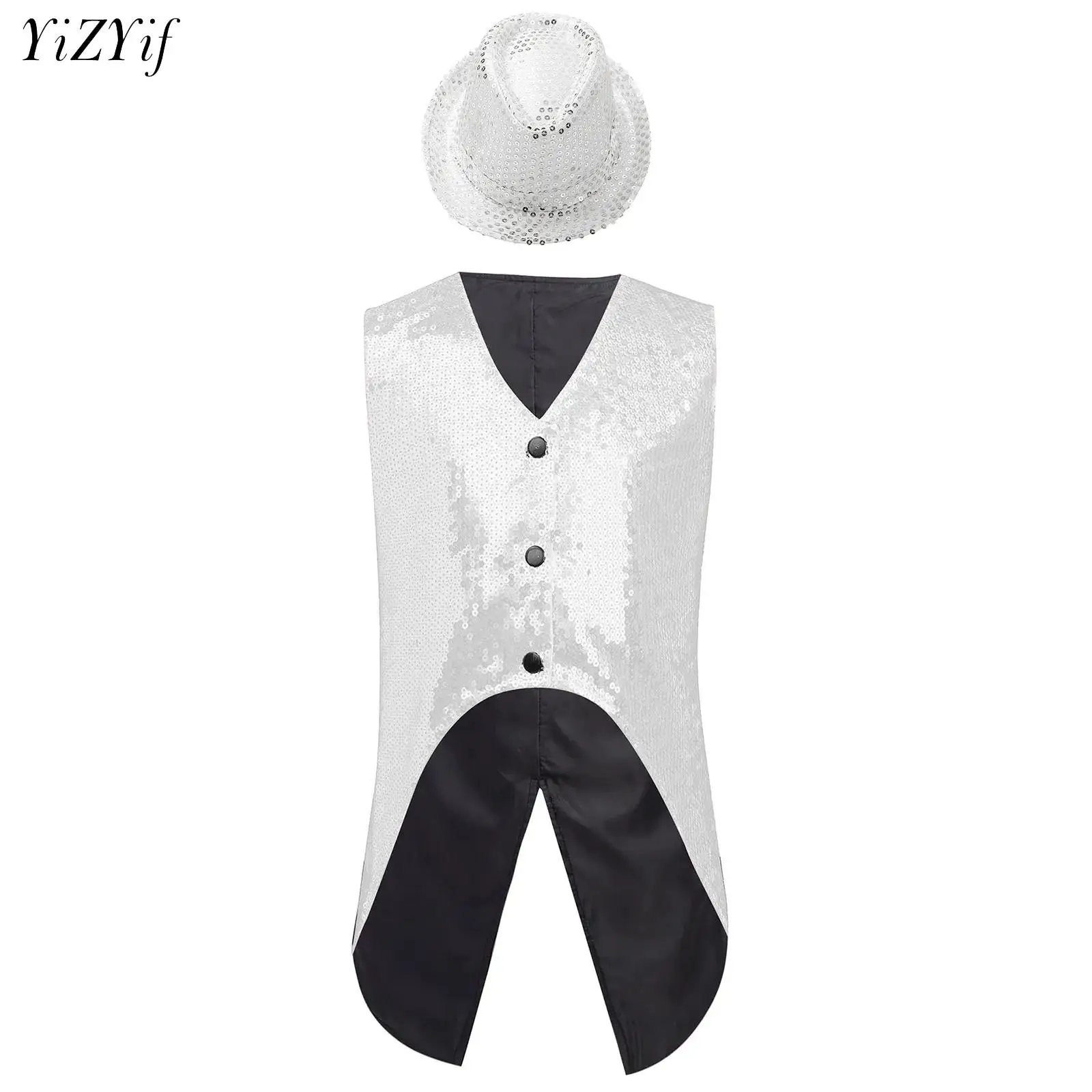 Girls Boys Hip Hop Jazz Street Dance Costume Shiny Sequin Asymmetrical Hem Waistcoat Vest with Hat Party Stage Performance Wear