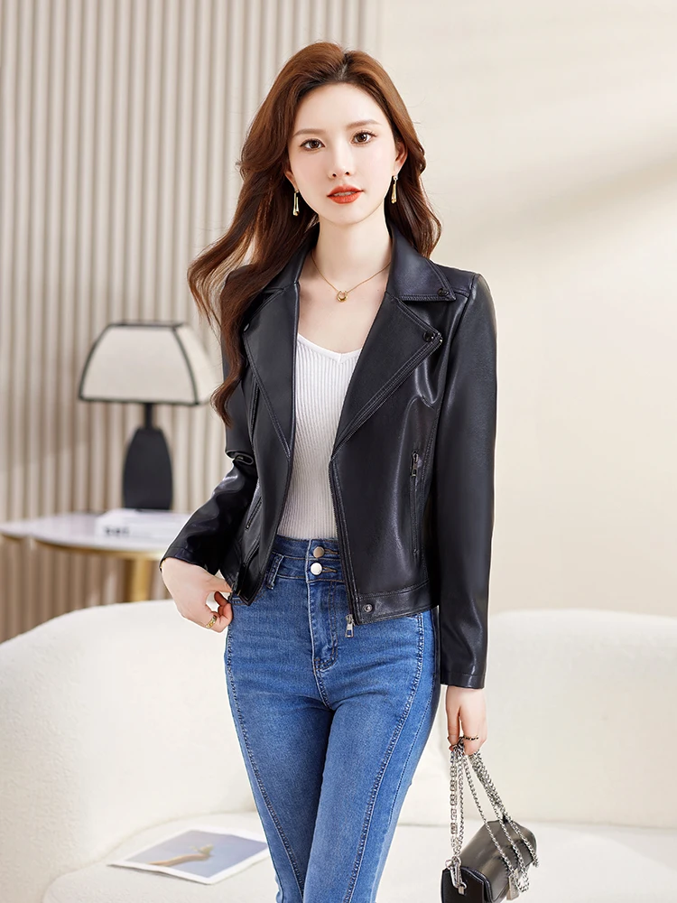 

Кожаная куртка из натуральной овчины Haining для женщин, укороченная, приталенная, в корейском стиле, маленький размер, весна-осень, большие размеры