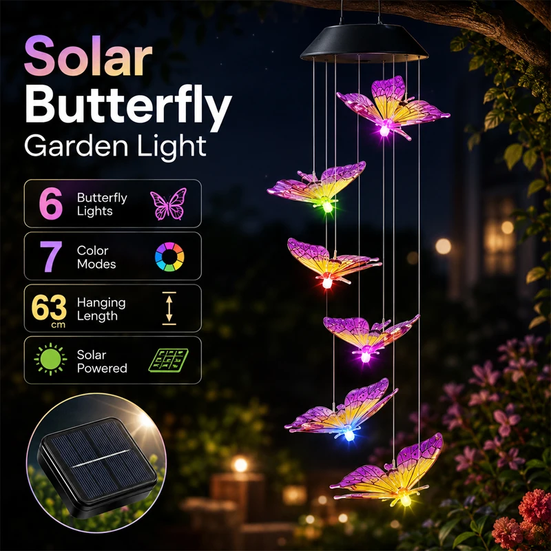 Solar-powered hanging butterfly lights, bright and warm, perfect for creating a cosy atmosphere in the garden