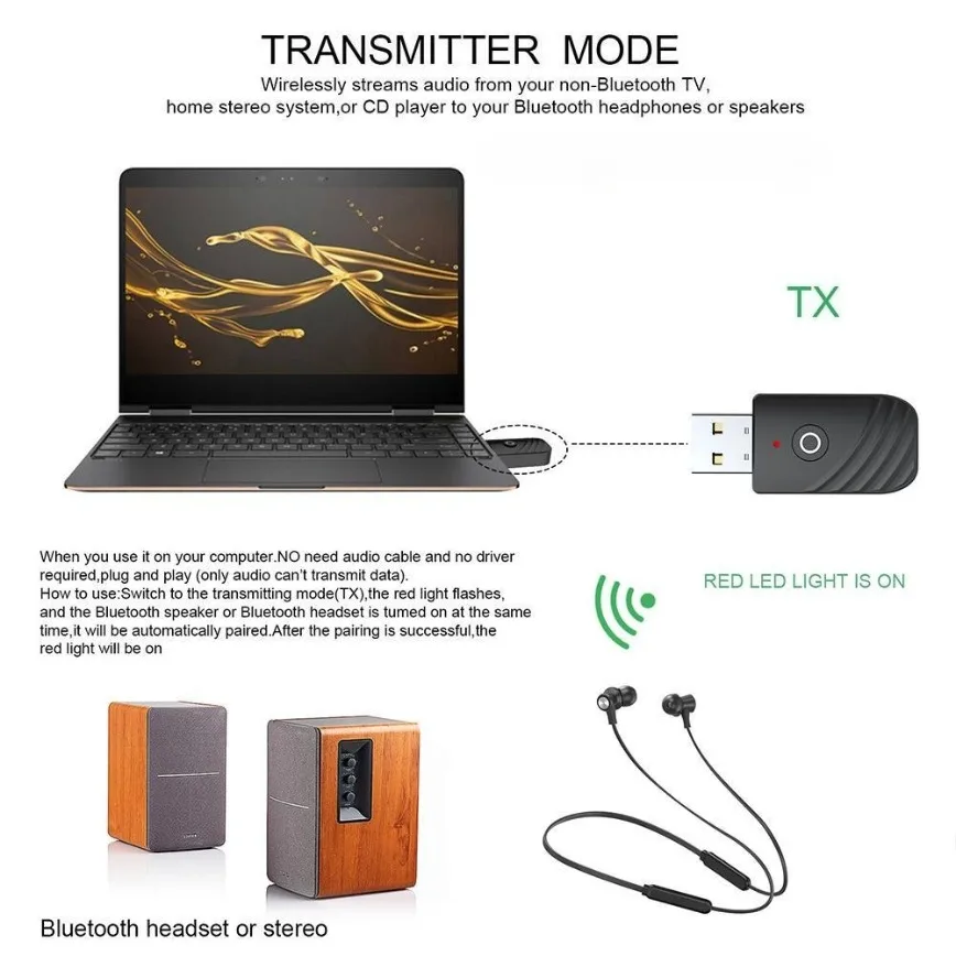 Ricevitore trasmettitore USB Bluetooth 5.0 3-IN-1 Adattatore Bluetooth USB AUX da 3,5 mm Trasmettitore dongle per PC per auto TV Sistema audio domestico