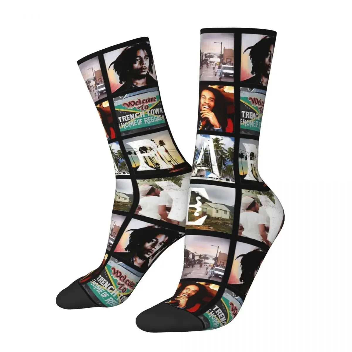 Retro Bob-Marley Collage Reggae Soccer Socks Jamaican Music Polyester Middle Tube Socks for Unisex Sweat Absorbing