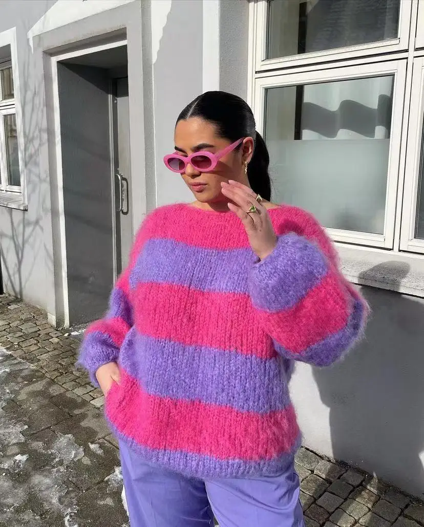 Round-necked knitted sweater for women, fluffy, casual, loose and lazy, oversized, handmade, thick thread, luxury sweater