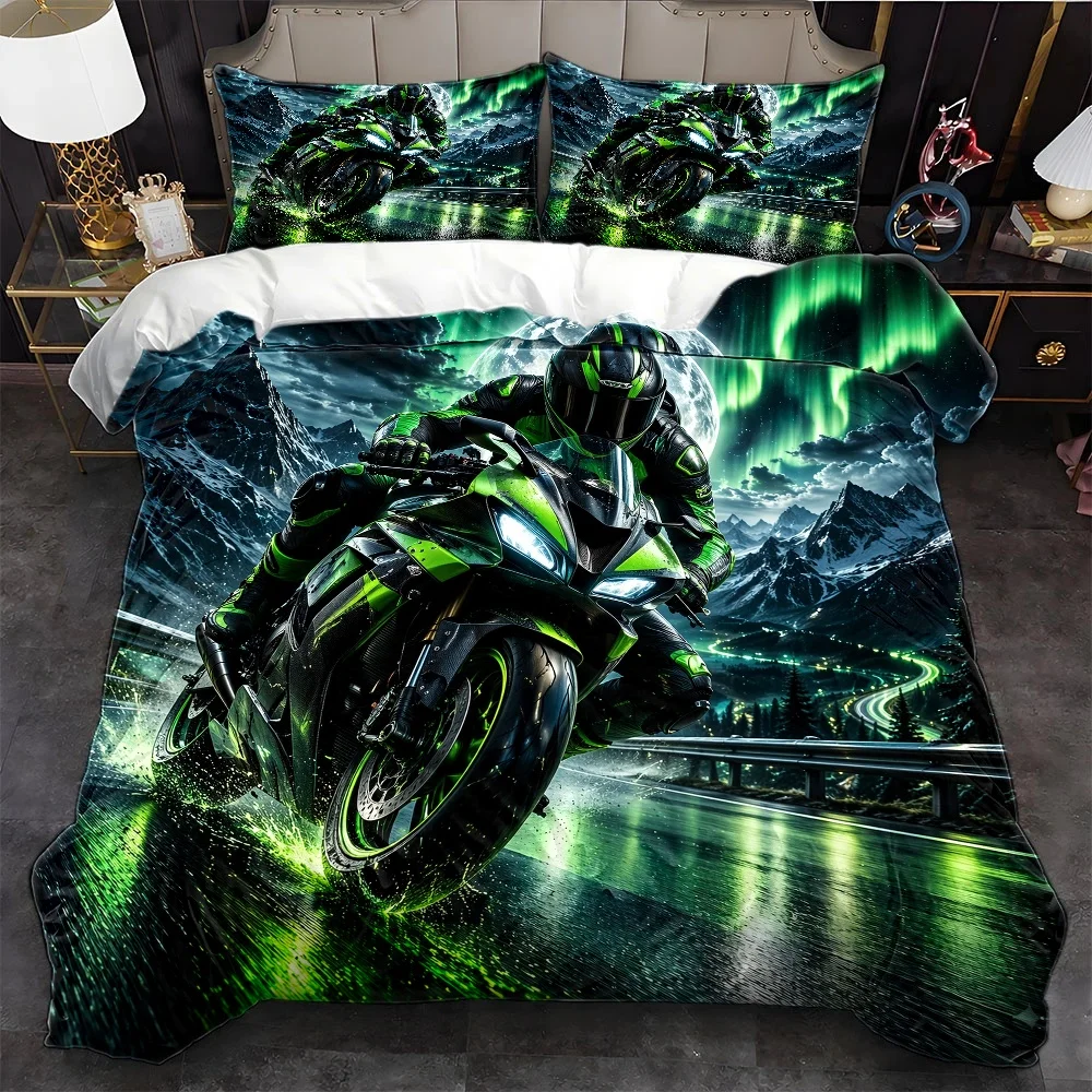 3Pc Motorcycle Racing Theme Duvet Cover Set, Three-Piece Bedding Set (1*Duvet Cover + 2*Pillowcases), Suitable for All Seasons, Machine Washable, Invisible Zipper Design, Large Personal Bed Cover Set, Suitable for Home, Dorm, Master Bedroom, Guest Room, Cool Motorcycle Aurora Snow Mountain Print, Three-Piece Bedding Set, Trendy Motorcycle Style Bedding Set, Waterproof Quick-Dry Bedding, Nordic Mountain Moonlight Bedding, Dynamic Motorcycle Elements Duvet Cover, Comfortable and Skin-Friendly