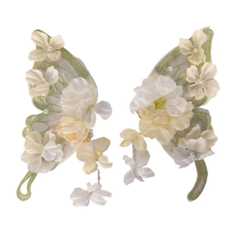 

652F Fashionable Large Butterfly Hair Clip with Secure Grip Silk Flower Fringed Side Hair Barrettes for Women Han Costume