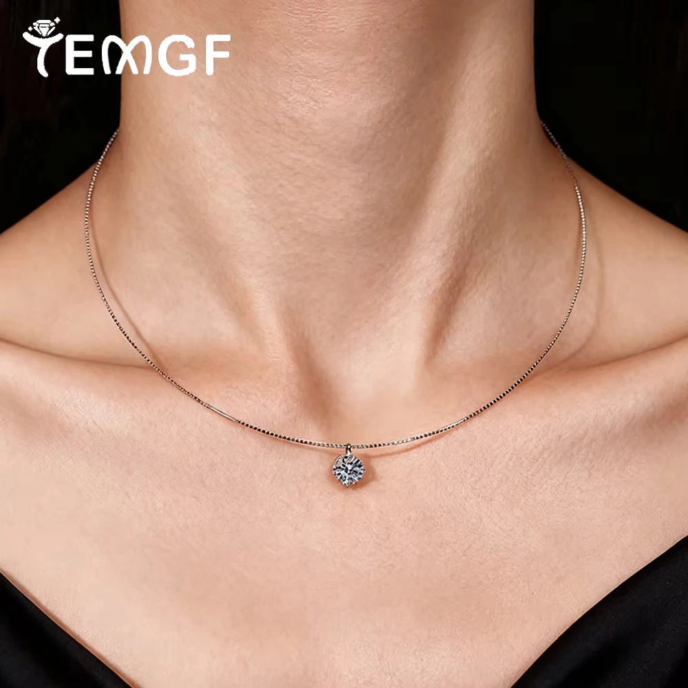 

TEMGF 0.5CT/1CT Moissanite Necklace Detachable Pendant Chokers 40cm 925 Silver Chain for Women Simple Fine Jewelry GRA Certified