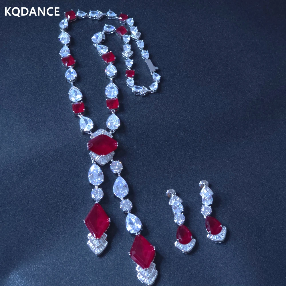 KQDANCE Sythetic Rhombic Emerald Green Ruby Red Drop Tassel CZ Diamond Tennis Necklaces Long Earrings Jewelry Set For Women