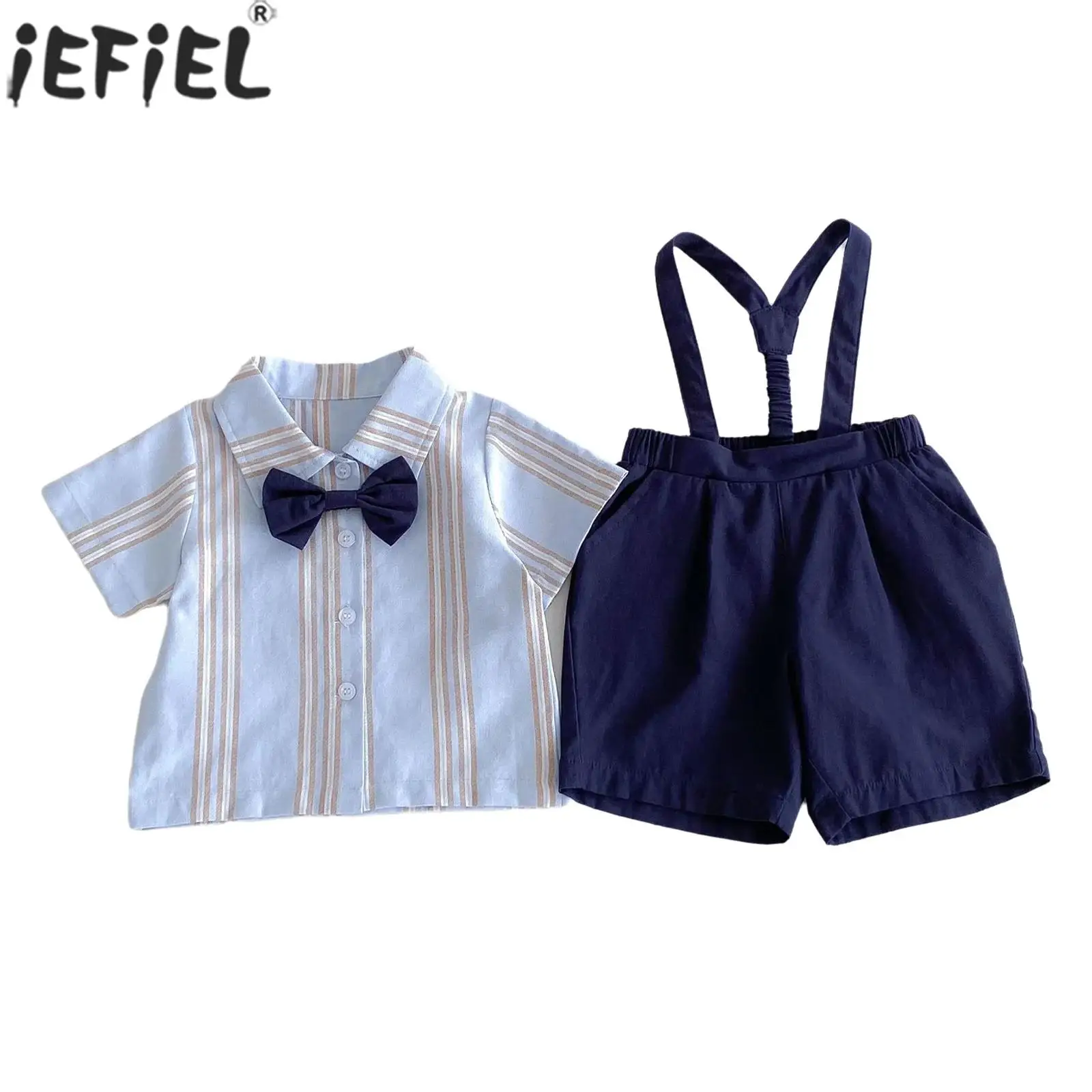 

Baby Boys Baptism Gentleman Suit Short Sleeves Lapel Bowtie Tops with Suspender Shorts Birthday Wedding Party Photography Outfit