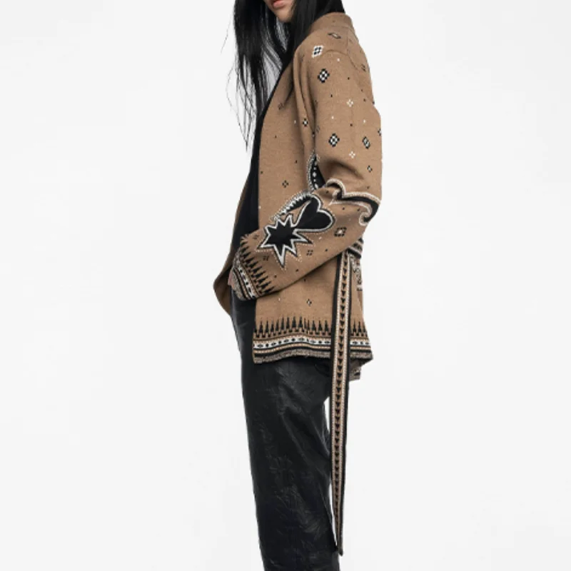 المألوف الرجعية المطبوعة سترة مشغولة من الصوف الدانتيل يصل العصرية مصمم الإناث أنيقة أعلى أنيق أنيق المرأة الخريف الشارع ارتداء #2