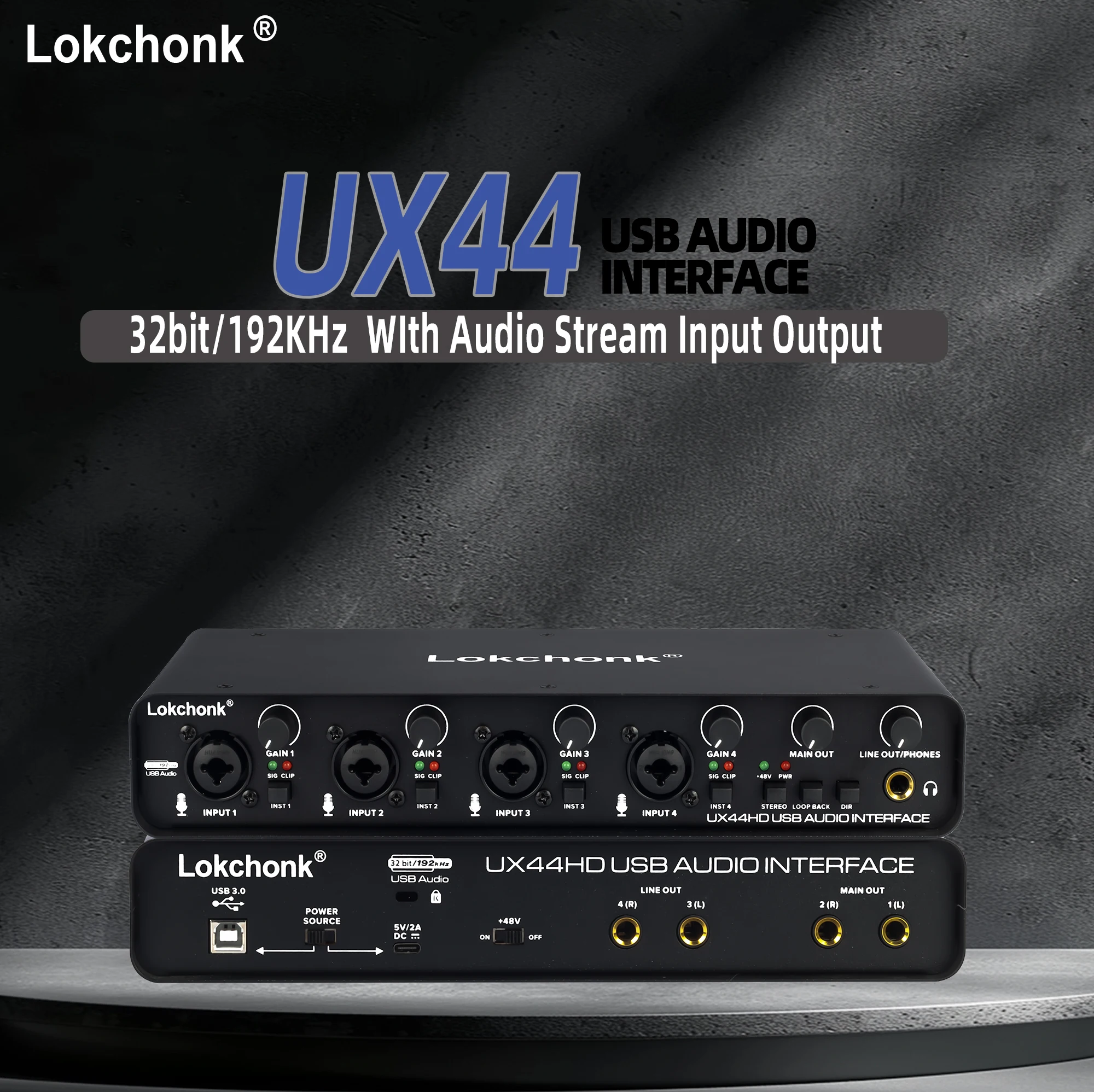 UX44 Audio Interface Sound Card 4-Channel Mixer 32-bit/192KHz for Game Voice,Podcast,Live Recording,Professional Studio Singing