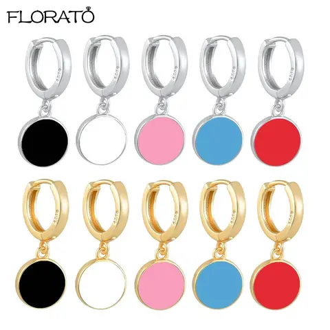2024 New Classic Black Disc Pendant Earrings Korean Fashion Silver Color Small Hoop Earrings for Women Party Jewelry Accessories