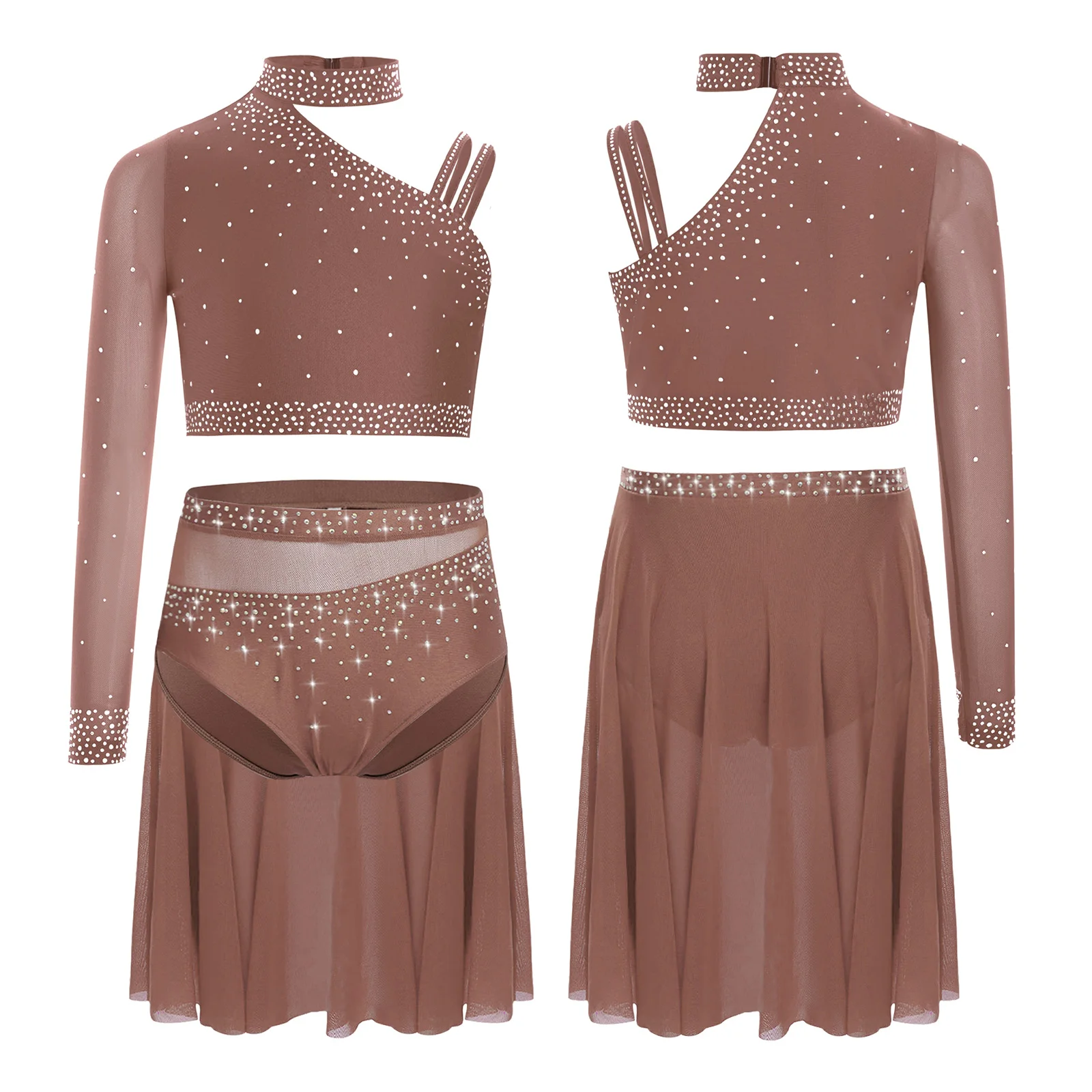 

Child Girls Modern Lyrical Dance Costumes Sets Rhinestones Irregular Shoulder Crop Top+briefs Skirts 2-piece Dancewear Outfits