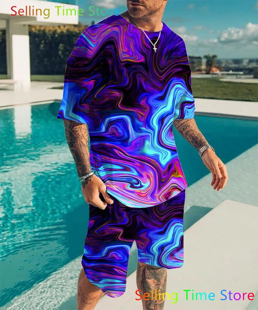 

Мужской комплект из двух предметов, удобная спортивная одежда с граффити и градиентным цветным 3D-принтом, лето 2024