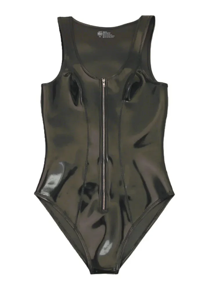 Body Sexy de corte alto para mujer, chaleco Sexy, camiseta sin mangas a la moda, medias de látex brillantes para dar forma en el escenario, leotardo elástico de sirvienta de talla grande