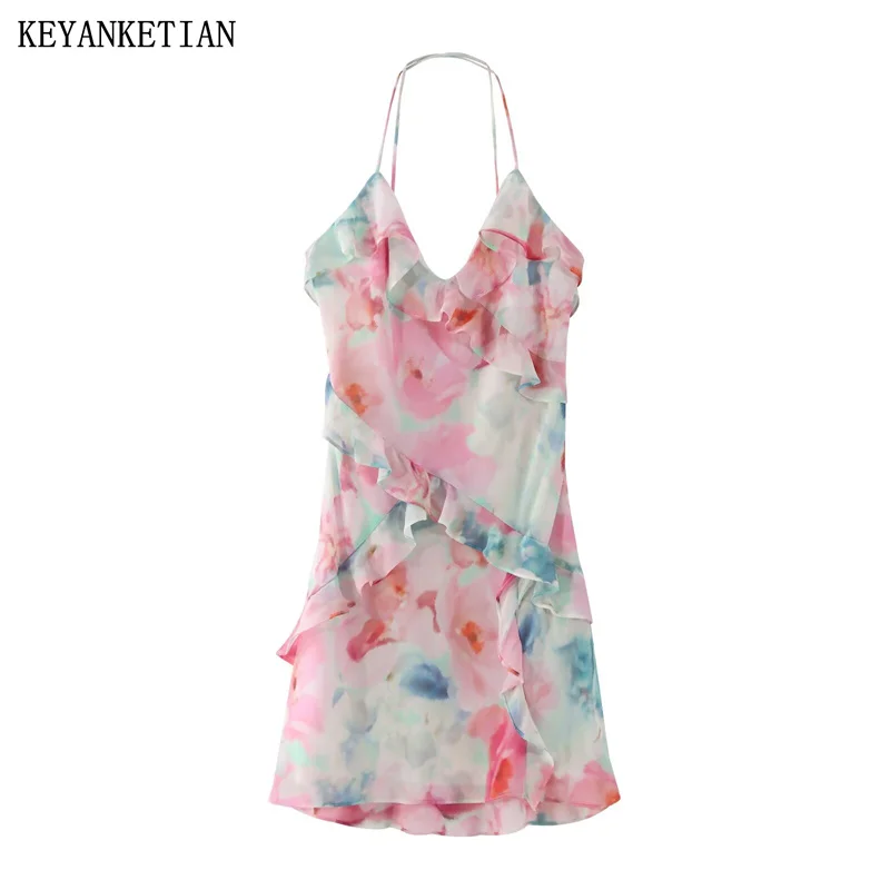 KEYANKETIAN-Vestido corto de verano con cuello Halter para mujer, minivestido con estampado de viento teñido, volantes escalonados, ropa de playa romántica, 2024