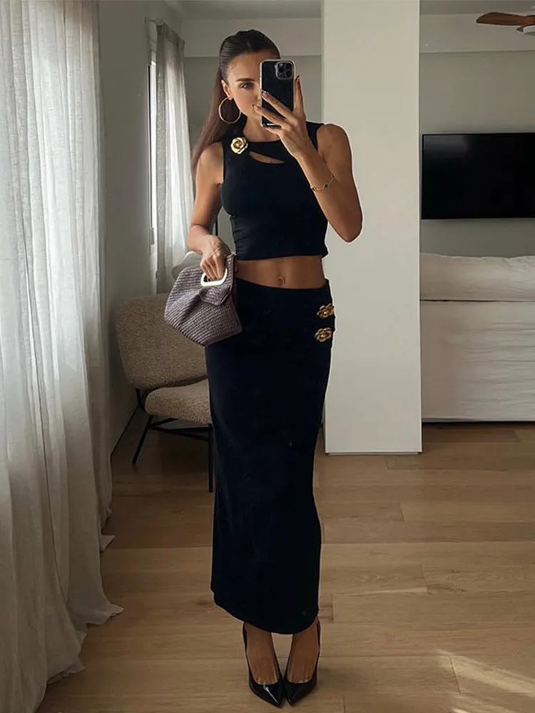 Elegant 3D Metal Flower Women 2 Piece Set Sleeveless Slim Crop Hollow Out Tops High Waist Maxi Skirts 2025 Lady Vacation Suit