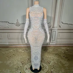 Luxury Pearl Rhinestones Glove Dress Women Sexy Stage Mesh Celebrate Prom Gown Birthday Party Dress Performance Photoshoot Wear