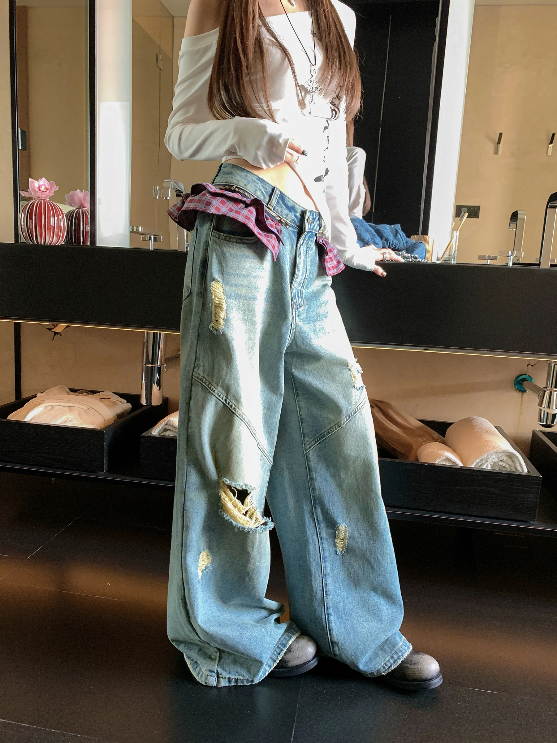 

Ретро джинсы из плотного денима с дырками, женские свободные прямые повседневные брюки со съемной задней накладкой, уличный стиль, кэжуал, крутой образ