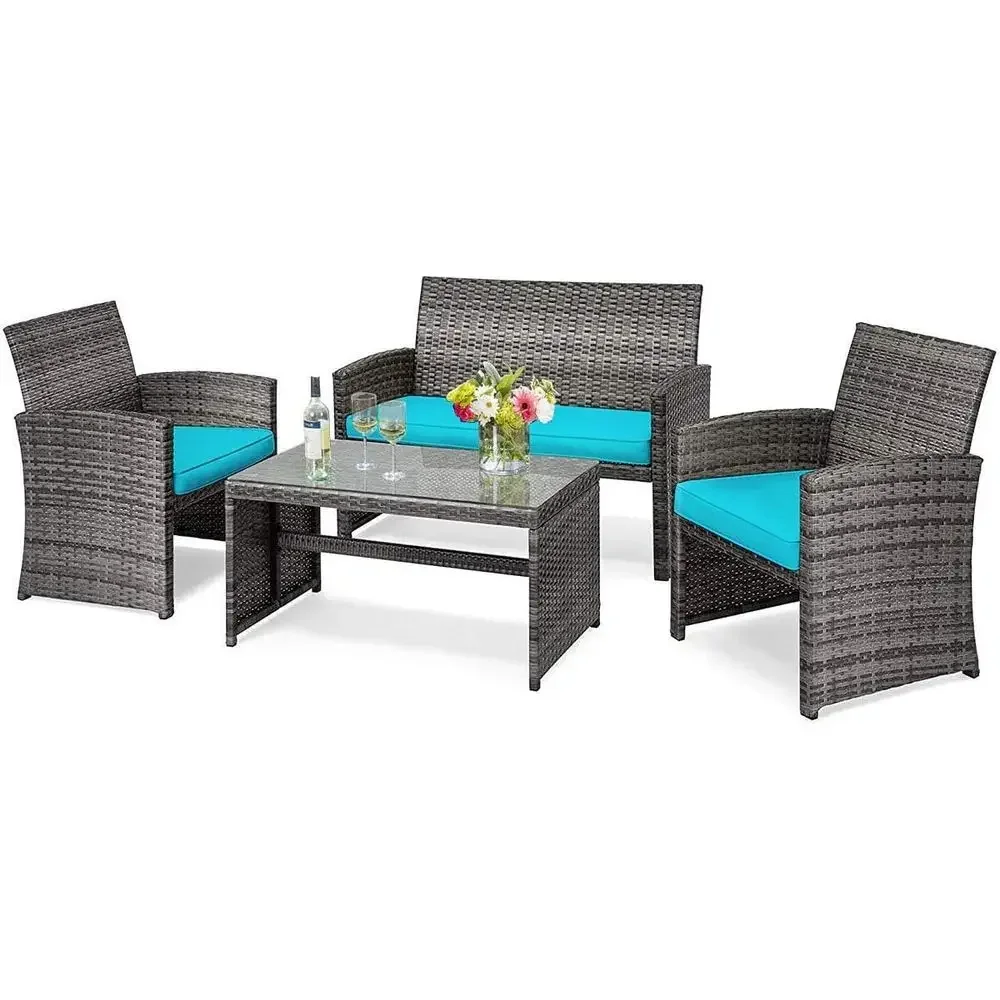 Turquoise Outdoor Wicker Patio Furniture Set with Cushions and Tempered Glass Table
