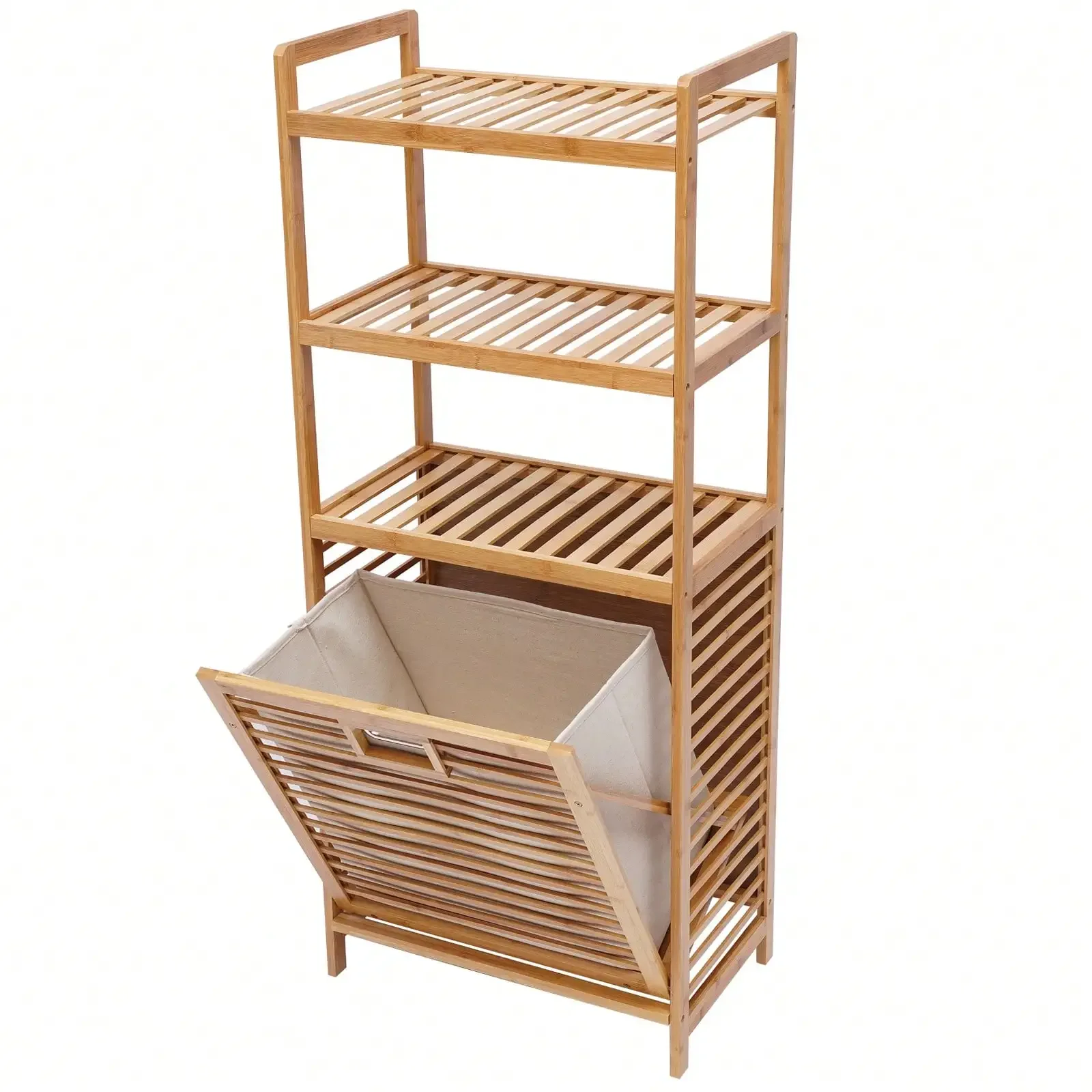 

Bathroom Storage Rack with Removable Basket Freestanding Bamboo Clothes Shelf Living Room Bedroom