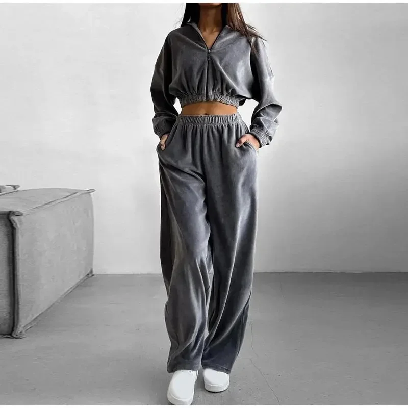 Fashion Hoodies Pant Suit 2024 Autumn Winter Elegant Solid Zipper Cardigan Oversized Trousers Set Female Warm Slim Fit Outerwear