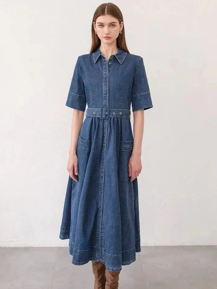 2024Summer Denim Women Skirt Classic Turn Collar Self-Belt Vintage Mini Dress Designer Dress French S Brand Fashion Clothing