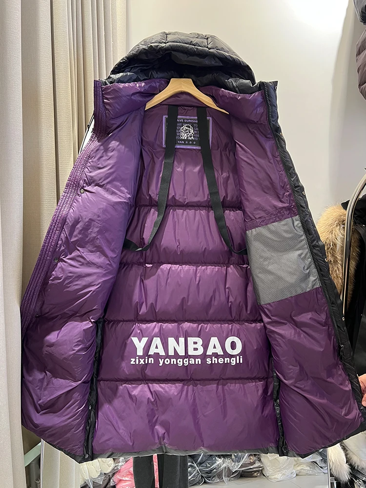 شتاء جديد الذهب الأسود طويل فوق الركبة مقنعين أسفل سترة المرأة فضفاضة وسميكة أزياء الدافئة الأبيض بطة أسفل معطف #2