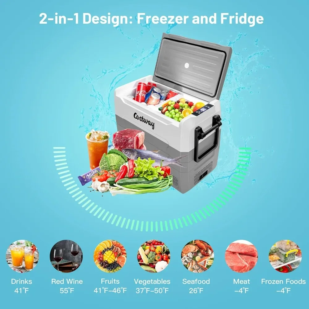 Car Refrigerator with Wheels, 58-Quart Dual-zone Electric Cooler with 12V/24V DC, 100-240V AC, -4°F to 50°F, Portable 12