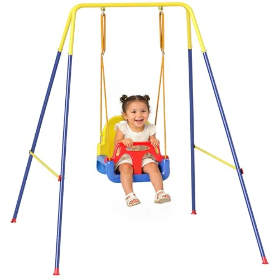 

3 in 1 Toddler Swing Set for Garden Patio Outdoor Indoor Use, Steel Frame with Blue Fabric Seat, Adjustable Height Safety Seat