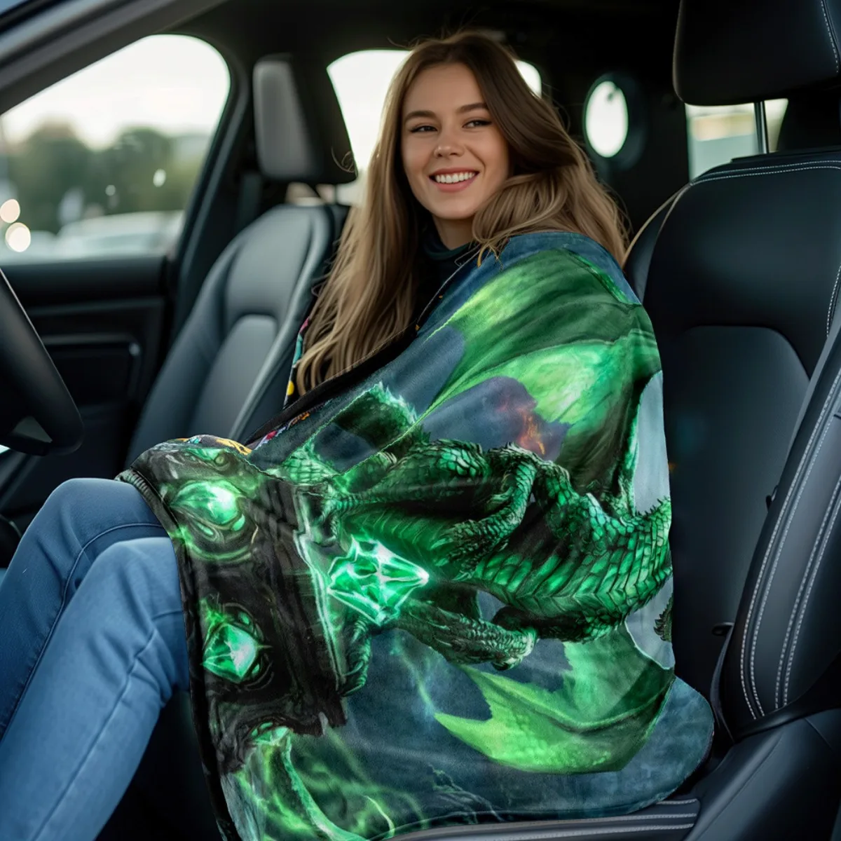 Emerald Green Dragon Dark Fantasy Print Flannel Blanket Soft Lightweight for Home Travel Camping Office Gift for Dragon Lovers