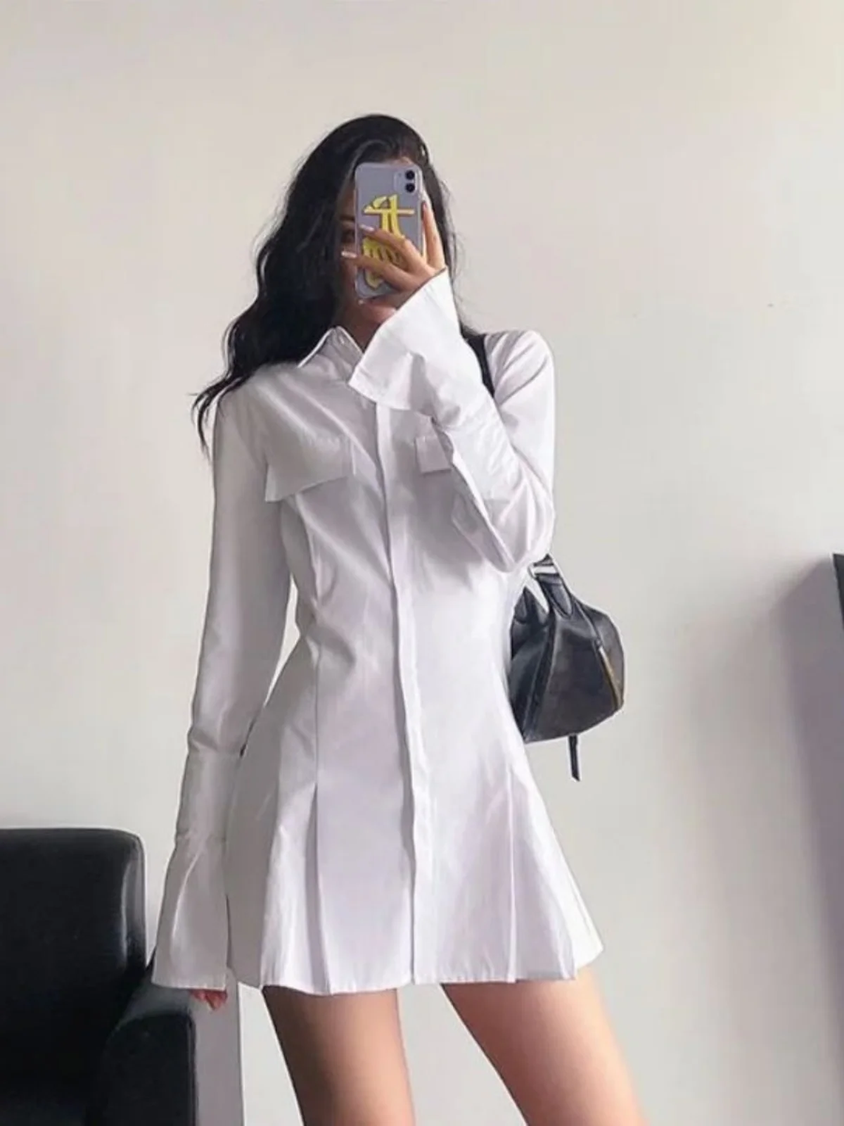 

Повседневная приталенная рубашка с длинным рукавом и отложным воротником в уличном стиле для молодых женщин