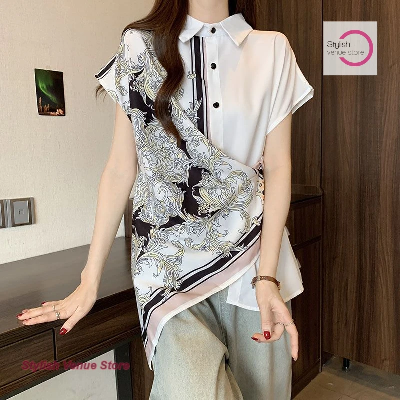 

French design sense irregular stitching chiffon short-sleeved shirt women's summer bottoming shirt plus size waist casual shirt