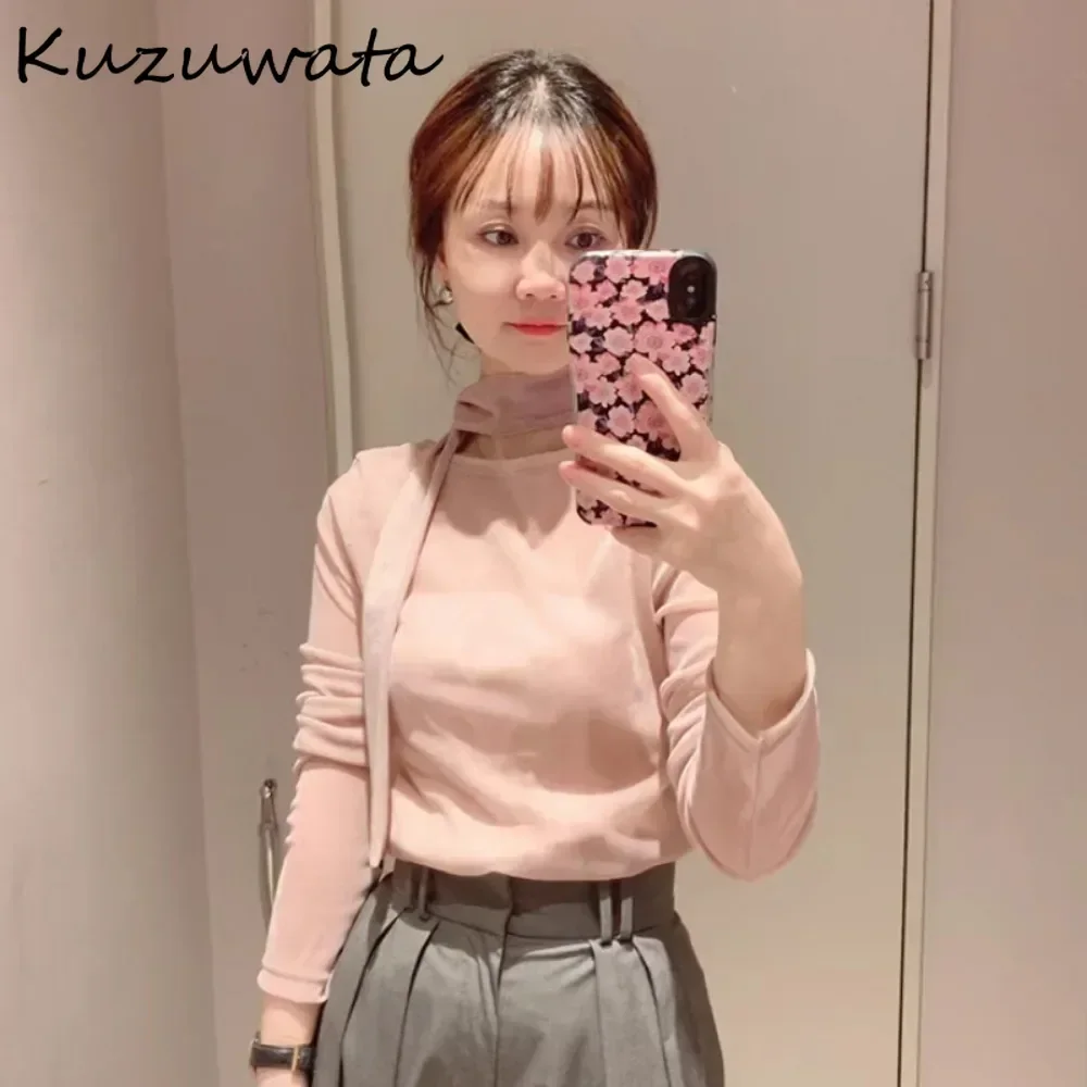 Kuzuwata Solid Halter Long Sleeve All-match T-shirt Lace Up Hollow Out Simple Bottom Layer Ropa Mujer Japan New Sweet Women Tops