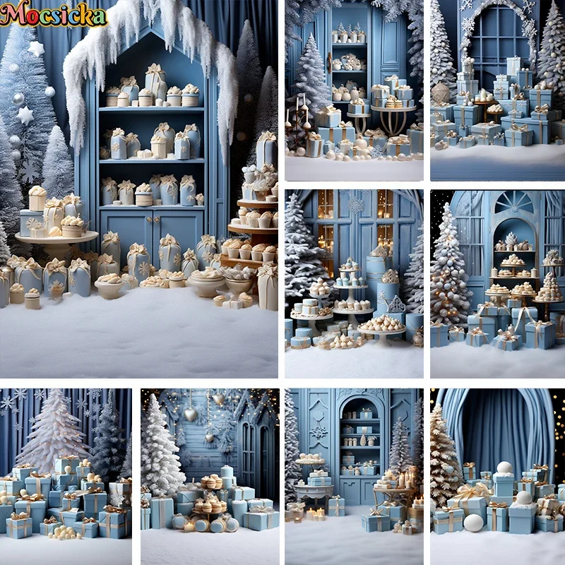 

Blue Christmas Dessert Shop Backdrop Winter Snowy Xmas Tree Gift Box Decor Birthday Party Cake Smash Photography Background