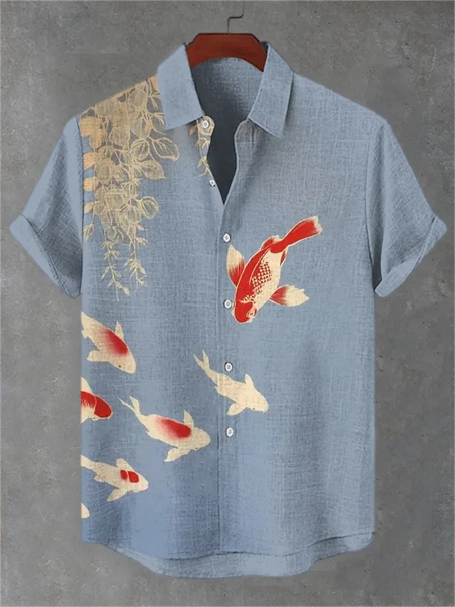 

Linen fish pattern men's short sleeved shirt, fashionable trend, loose top, street outdoor, casual and comfortable