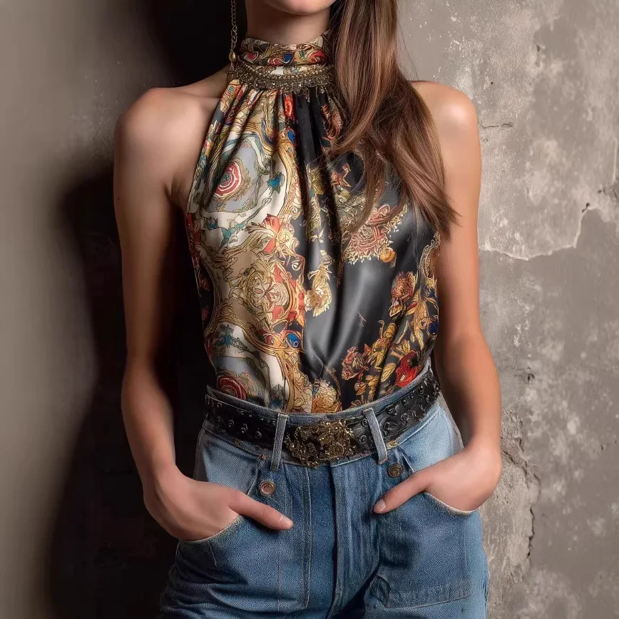 

Ethnic Style Paisley Print Tank Tops Women Retro Streetwear Y2k O-Neck Vest Off Shoulder Sleeveless Back Lace Up Woman Camisole