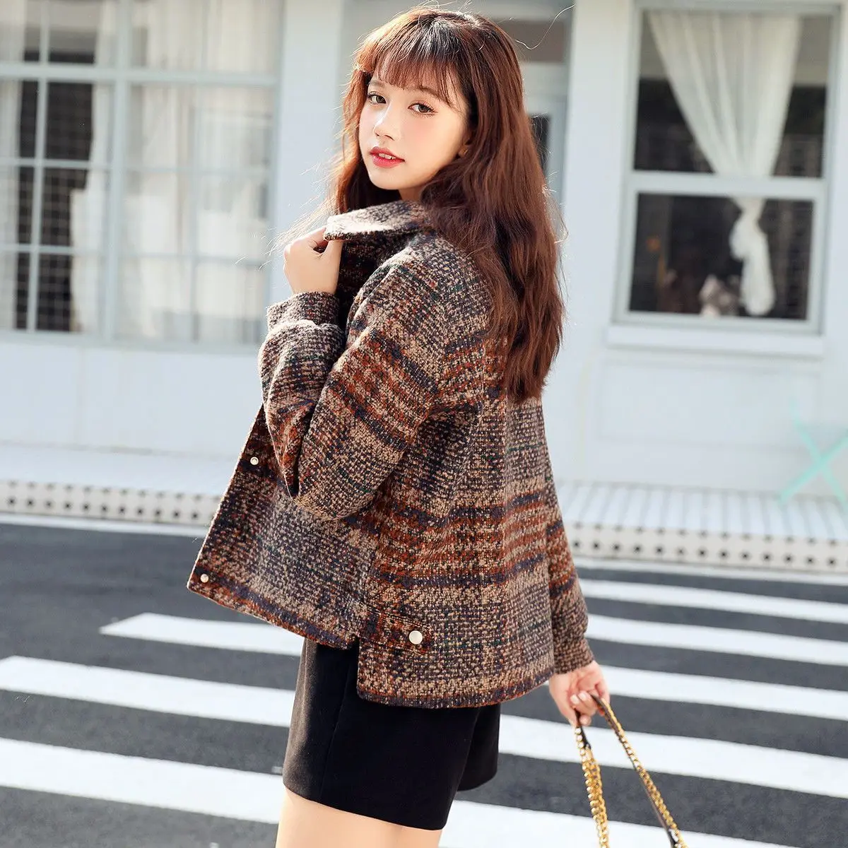 Women's Tweed Wool & Blends Coat Plaid Padded Cotton Short Ladies Jackets Half New in Single Trendy Long Sleeve Fashion 2024 Hot