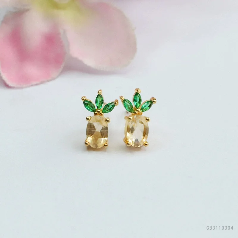 Natural citrine pineapple stud earrings S925 silver needle colored treasure earring pendant jewelry