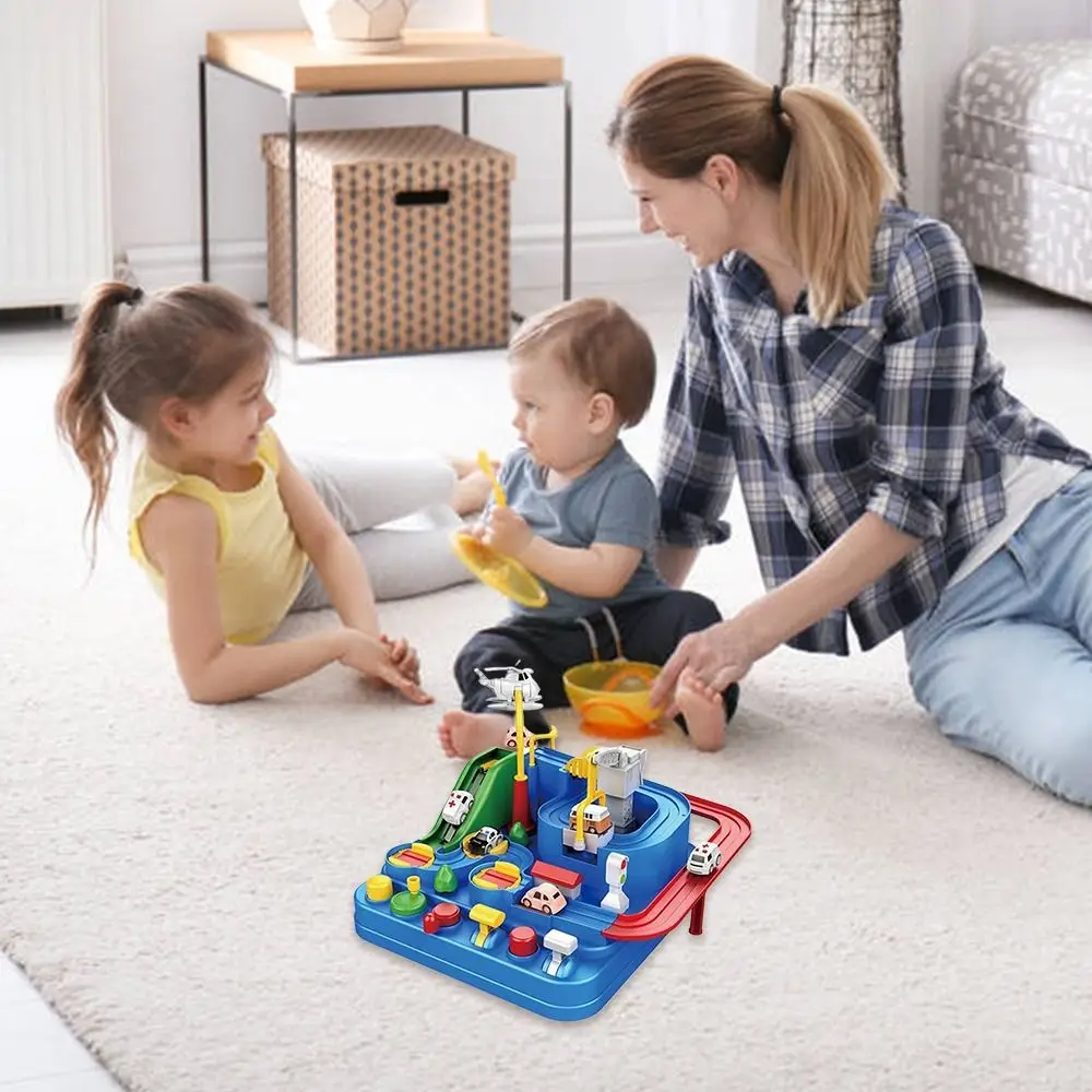 Modelo de carro ferroviário de corrida vermelho e azul, inércia de plástico, desafio de carro, brinquedo de aventura, interação pai-filho, jogo de quebra-cabeça, brinquedos