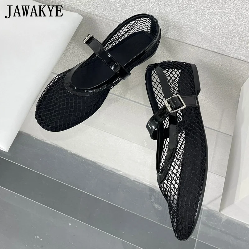 Designer New Fish Net Ballet Flats Shoes Women Black Leather Ladies Hollow Flat Shoes Summer Mesh Vacation Beach Shoes For Women