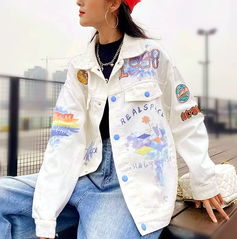 

Весенняя мода Ins Chic, женская белая тонкая джинсовая куртка с героями мультфильмов, свободное повседневное бейсбольное пальто, женская верхняя одежда, пальто, топы NZ200