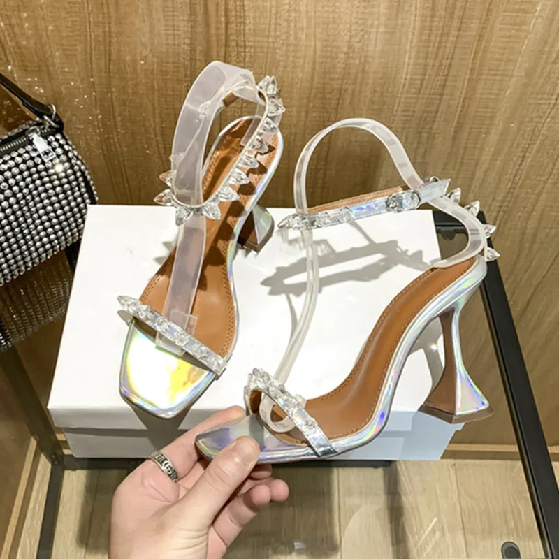 2023 Summer New Style One Strap Transparent Rivet Fashion High Heels Sandals for Women