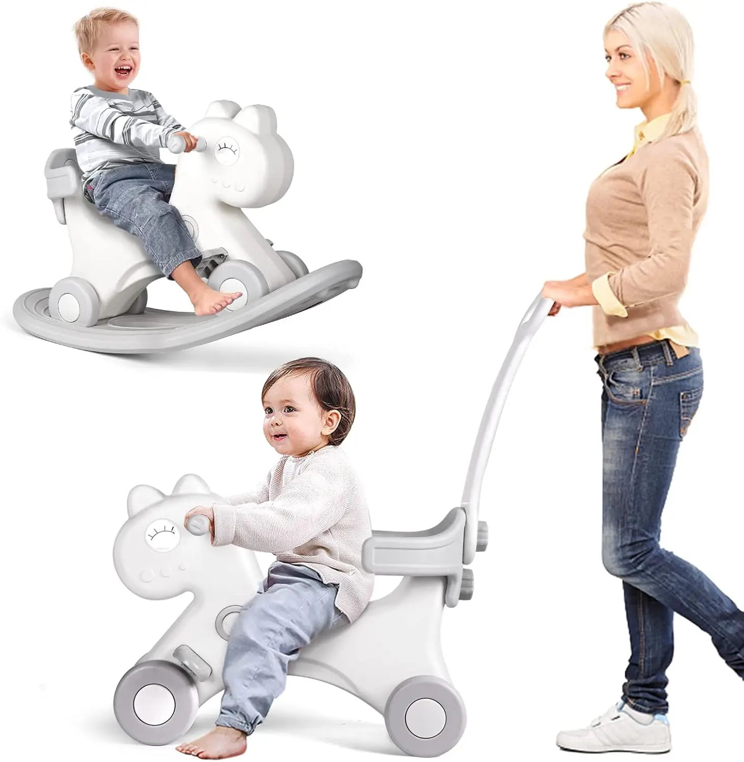 4 In 1 Hobbelpaard Voor Peuters 1-3 Jaar Oud, Balans Fietstocht Op Speelgoed Met Duwhendel, Rugleuning En Balansbord Voor Baby